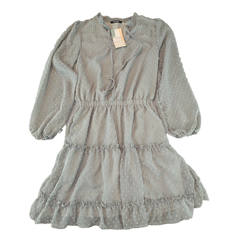 BTFBM Prairie Fairy Sage Swiss Dot Long Sleeve Tiered Ruffle Mini Dress Tie Neck